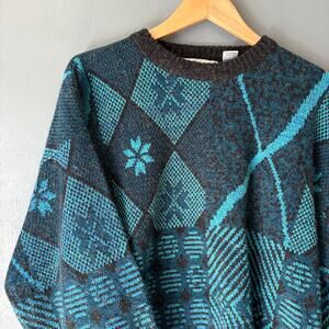 Vintage 90's MICHAEL GERALD Women's XL Knit Blue Green Fair Isle Sweater Pull On